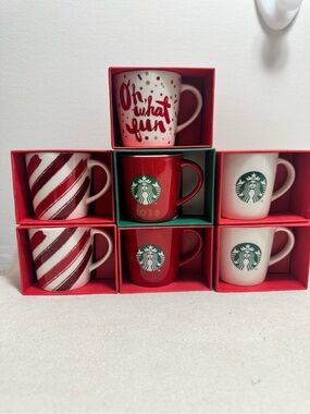 2014-2017, 3oz Starbucks Red and White Holiday Mini Mug Lot 7  New w/ Box Collec